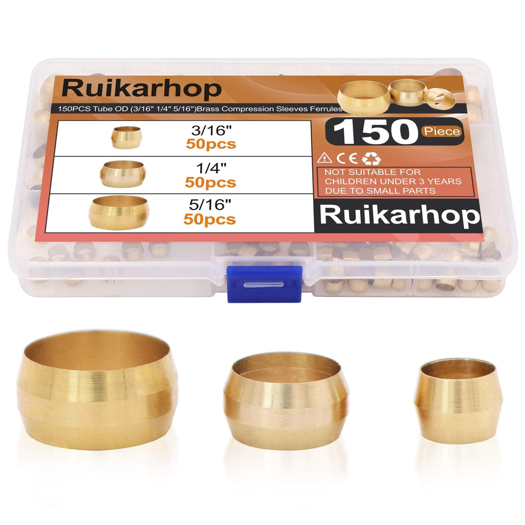 [Australia - AusPower] - Ruikarhop 150PCS Tube OD（3/16" 1/4" 5/16") Brass Compression Sleeves Ferrules,Brass Compression Fitting Assortment Kit 