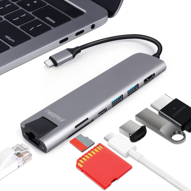 [Australia - AusPower] - TWOPAN USB C Hub Multiport Adapter, 6 in 1 USB C to USB 3.0 Hub HDMI for Laptop, 1000M Ethernet, 60W PD Port, SD/Micro SD Card Reader, Compatible with iMac, MacBook Pro/Air, iPad Pro, XPS, Chromebook 