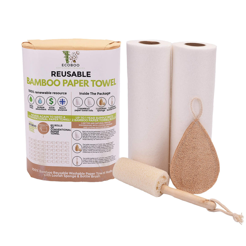 [Australia - AusPower] - Bamboo Paper Towels | Washable Reusable Paper Towels, 2 Rolls,(40 Sheets)1 Year Supply & Loofah Sponge & Dish Scrub Brush | Eco Friendly Paper Towel Alternative | Zero Waste Gift Set 