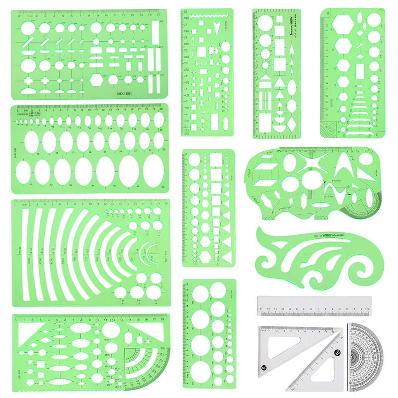 [Australia - AusPower] - Geometric Drawings Templates Measuring Geometry Rulers 15 Pcs with 1 Pack File Bag for Design School Studying Office Building 