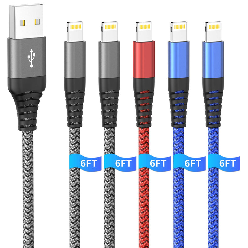 [Australia - AusPower] - iPhone Charger Cable 6FT, 5Pack 6FT/2M Lightning Cable Durable Nylon Braided Fast iPhone Charging Cable Cord Compatible with iPhone 12 11 Pro Max XS XR X 8 7 6 Plus 5, iPad, iOS 