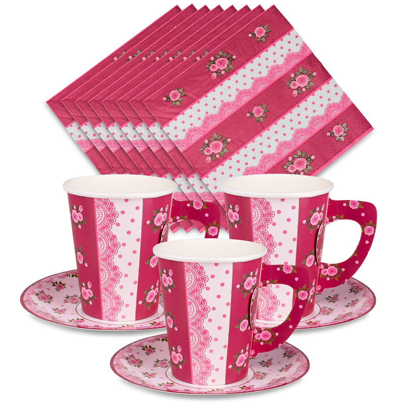 [Australia - AusPower] - Royal Magnolia Rose Tea Party Decorations - 24 Paper Tea Cups, Plates, and Napkins - Disposable Tea Party Set for Hot and Cold Drinks for Birthday, Baby Shower, Wedding, Princess Little Girls Parties 