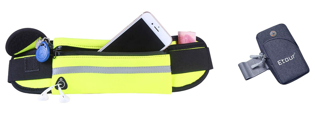 [Australia - AusPower] - DOUBLE A IRON Running Belt Waist Pack & Armband Runner Sports Pouch Bag Adjustable Strap for Carrying Phone, Cash, Card, Pen for Outdoor Activities Running Walking Hiking Cycling Neon Green 
