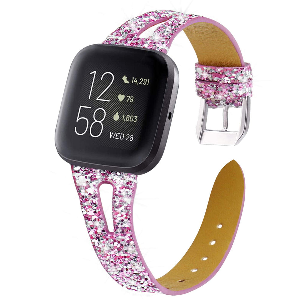 [Australia - AusPower] - VEAQEE Bling Bands Compatible with Versa 2 / Versa / Versa Lite SE for Women , Versa Strap Shiny Bling Glitter Leather Replacement Wristband For Versa series SmartWatch Pink 