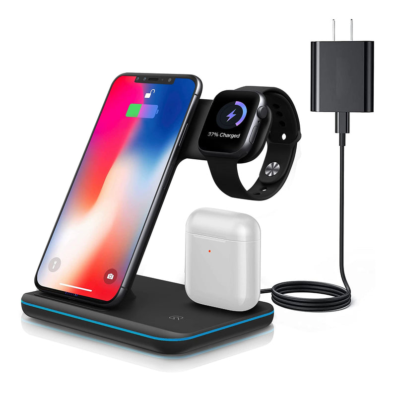[Australia - AusPower] - Wireless Charging Station, 3 in 1 Fast Wireless Charger Stand with Adapter for AirPods/iWatch Series 5/4/3/2/1, QI Wireless Charger Compatible with iPhone 12/11/11 Pro/11 Pro Max/XS Max/XS XR 