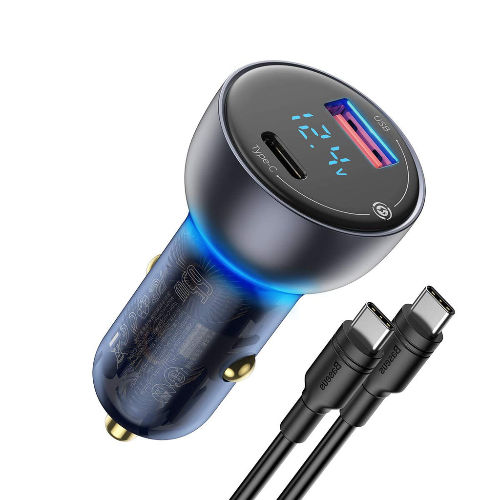 [Australia - AusPower] - USB C Car Charger, Baseus 65W Fast USB Car Charger, PD3.0 & QC4.0 Dual Port Car Adapter with LED Display and 100W USB C Cable for USB-C Laptop, MacBook, iPhone 12, Galaxy S20, iPad Pro, Pixel - CCKX Dark Grey with Cable 