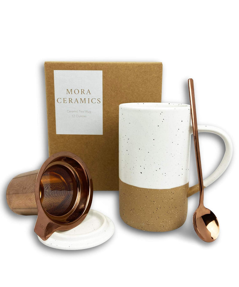 [Australia - AusPower] - Mora Ceramics Tea Cup with Loose Leaf Infuser, Spoon and Lid, 12 oz, Microwave and Dishwasher Safe Coffee Mug - Rustic Matte Ceramic Glaze, Modern Herbal Tea Strainer - Great Gift for Women, Petro 