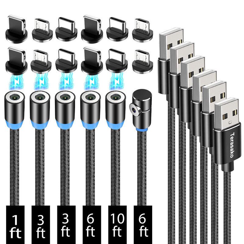 [Australia - AusPower] - Terasako Magnetic Charging Cable 6-Pack [1ft/3ft/3ft/6ft/6ft/10ft], 3 in 1 Nylon Braided Magnetic Phone Charger, Compatible with Micro USB, Type C, iProduct and Most Devices 