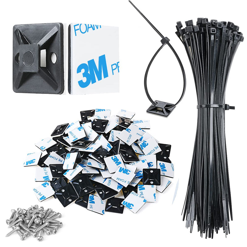 [Australia - AusPower] - XHF 3/4" Strong Back-Glue Self Adhesive Black Cable Zip Tie Mounts 100pcs with 8" Zip Ties, Screws, UV Protection Outdoor Sticky Wire Fasteners Cable Clips Management Anchors Organizer Holders Squares 100 Piece 