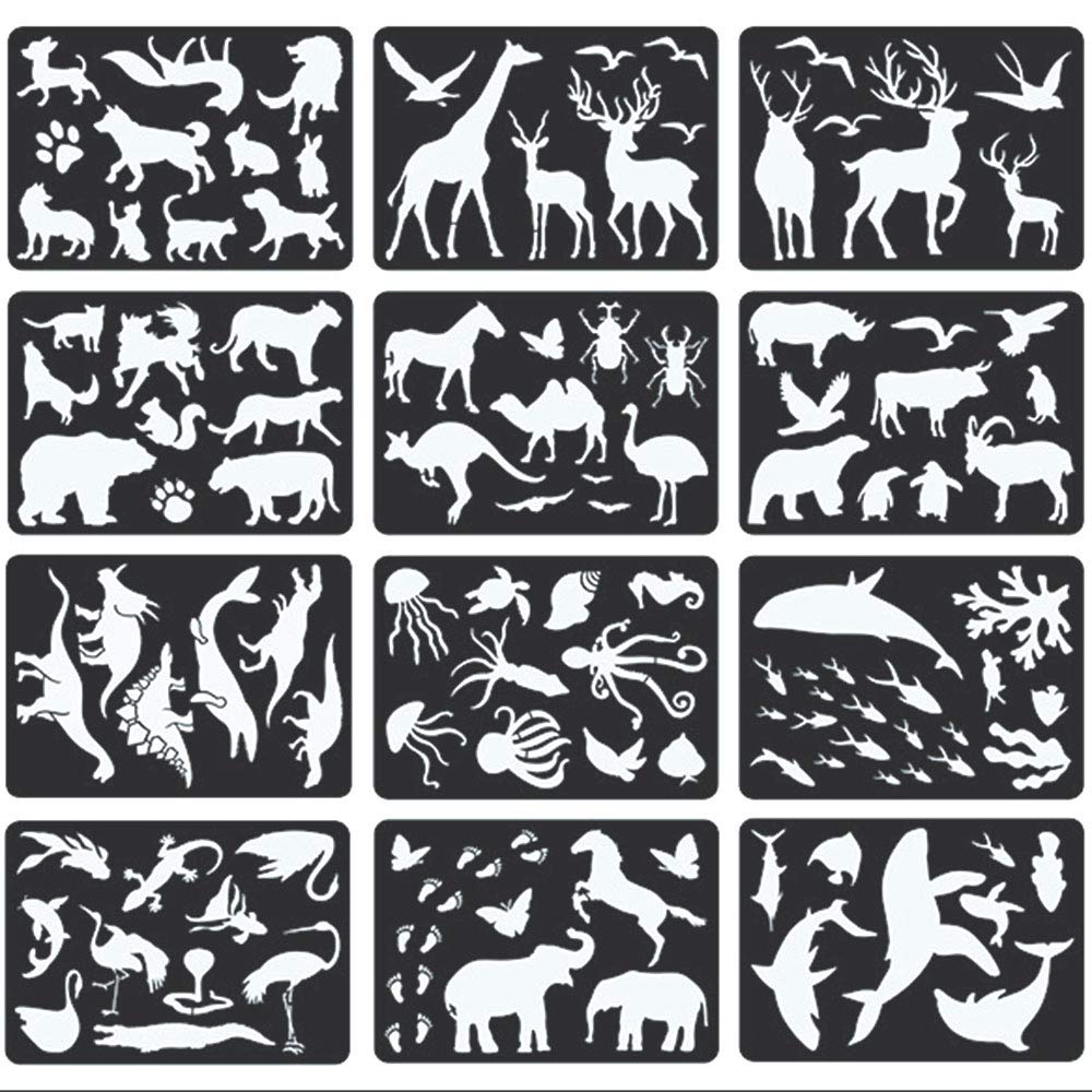 [Australia - AusPower] - 12PCS Animal Plastic Stencils Reusable Journaling Drawing Template for Children Creation, Painting Education, School Projects, Scrapbooking, Kids DIY Crafts 
