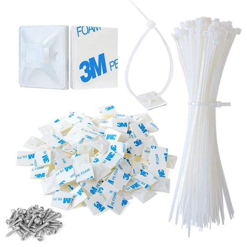 [Australia - AusPower] - 3/4" 3M Back-Glue Self Adhesive White Strong Cable Zip Tie Mounts 100pcs with 8" Ties, Screws, Outdoor Sticky Wire Fasteners Cable Clips Management Anchors Organizer Holders Squares 100 Piece 