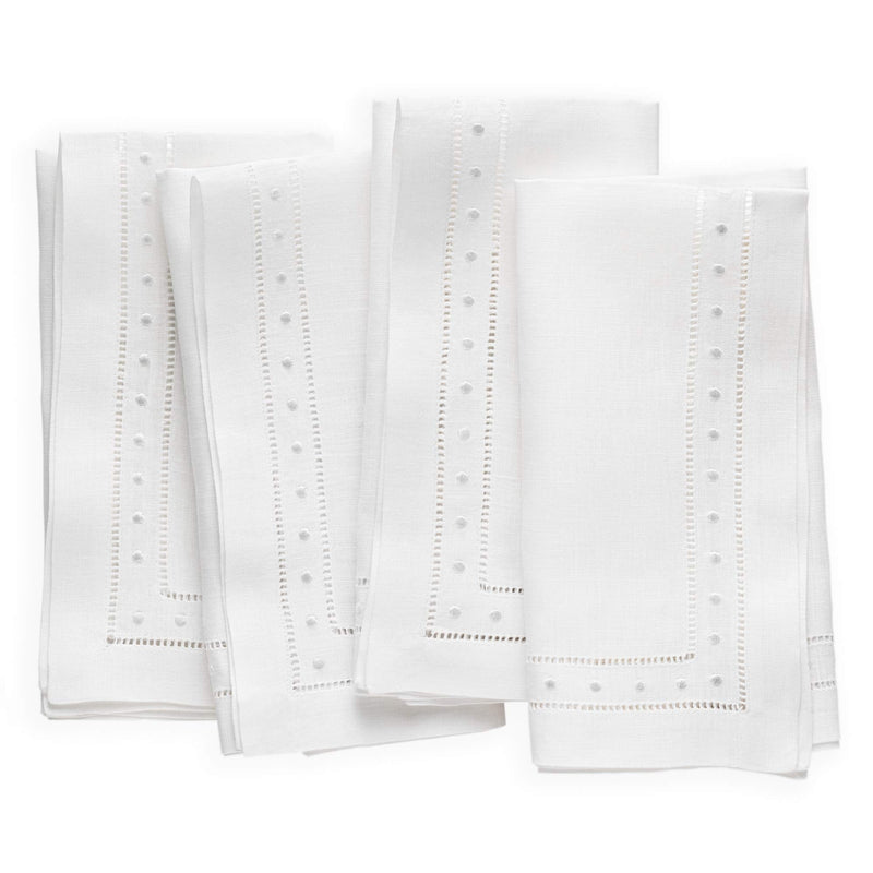 [Australia - AusPower] - O'lucio Home White Linen Napkins - 18 x 18 inch Hemstitched Dinner Napkins Embroidered Swiss Dot - Set of 4 Machine Washable Cloth Napkins, 100% French Flax Linen Natural Fabric 