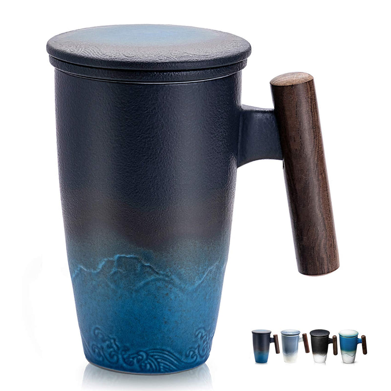 [Australia - AusPower] - suyika Tomotime Ceramic Tea Cup with Infuser and Lid Tea Mugs Wooden Handle 400ml/13.5oz Black cyan 