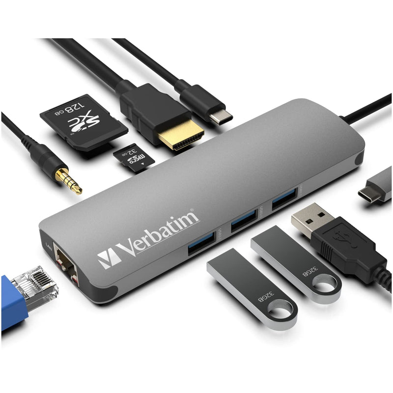 [Australia - AusPower] - Verbatim® 9-in-1 USB C Hub Adapter with 4K HDMI, 100W Power Delivery, USB 3.0, SD Card Readers, Gigabit LAN, 3.5mm Port for USB C Laptops 9 in 1 Hub 
