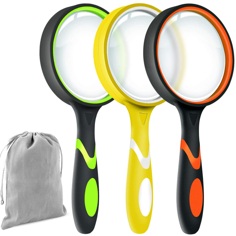 [Australia - AusPower] - Leffis 3 Pack Magnifying Glass, 10X Non-Slip Handheld Reading Magnifier for Kids and Seniors, 75mm Magnifying Glass Lens for Reading, Classroom Science, and Nature Exploration (Felt Bag Included) 3 Pack(green/Yellow/Orange) 