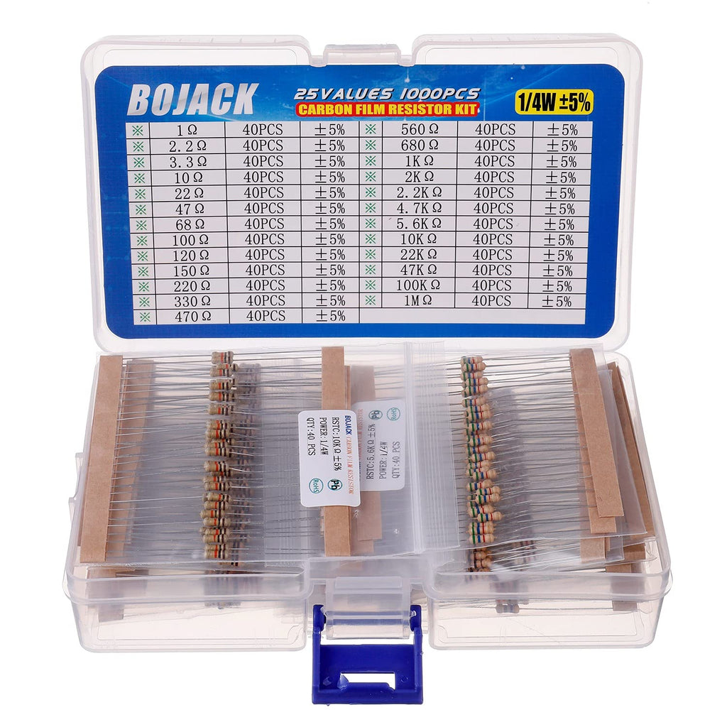 [Australia - AusPower] - BOJACK 1000 Pcs 25 Values Resistor Kit 1 Ohm-1M Ohm with 5% 1/4W Carbon Film Resistors Assortment 
