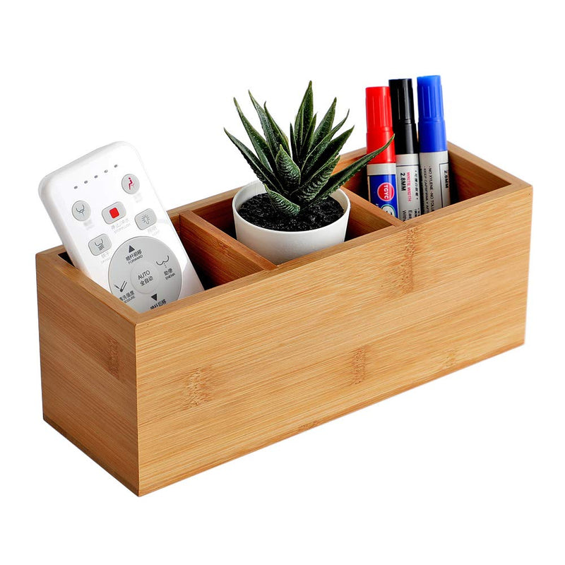 [Australia - AusPower] - YOSCO Bamboo Wood Pens Pencils Holder Cup for Desk Remote Control Holder, Caddy,Organizer,Desktop Storage with 3 Compartments,Multiuse for Store TV Remotes,Game Console,Phones,Office Supplies (3 Grid) 