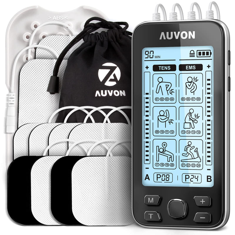 [Australia - AusPower] - AUVON 4 Outputs TENS Unit EMS Muscle Stimulator Machine for Pain Relief Therapy with 24 Modes Electric Pulse Massager, 2" and 2"x4" Electrodes Pads (Black) A-black 