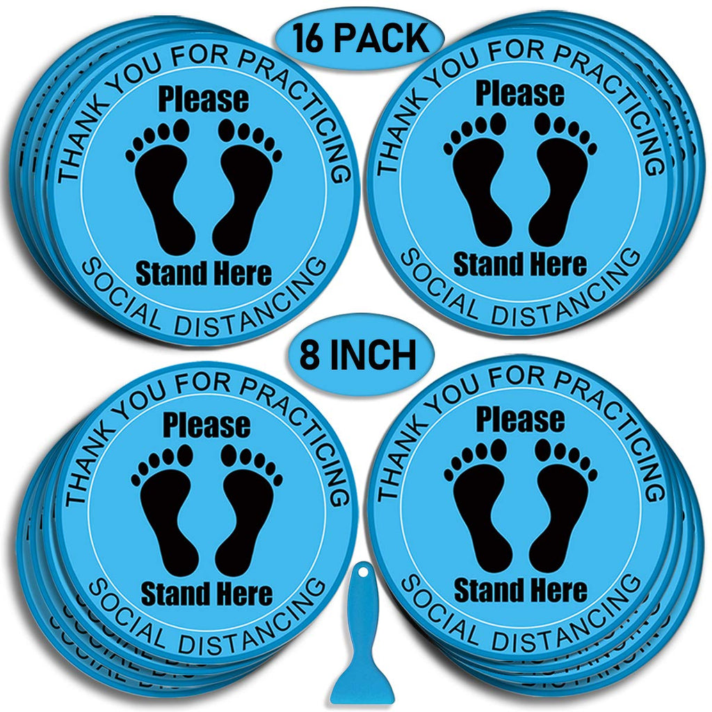 [Australia - AusPower] - Social Distance Floor Stickers, 8" Round Vinyl Removable Decals,16 Pack Safety Floor Sign Marker, Please Keep 6 Feet Apart Decal, Crowd Control for Guidance, Grocery, Pharmacy, Bank, Lab.Blue 16 Pack(8") Blue 