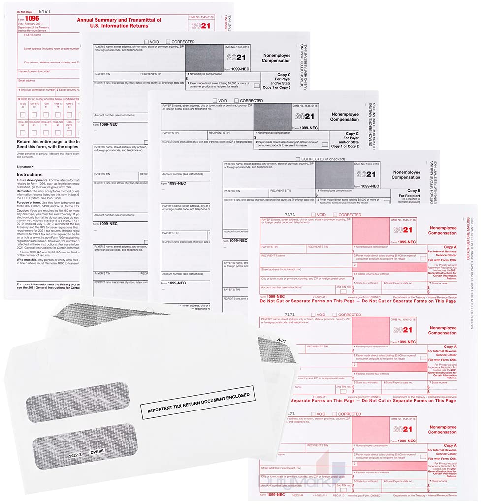 [Australia - AusPower] - 1099 NEC Tax Forms 2021,and 25 Self-Seal Envelopes, 25 4 Part Laser Tax Forms Kit Pack of Federal/State Copy's, 1096's –Great for QuickBooks and Accounting Software, 2021 1099-NEC, 25 Pack 