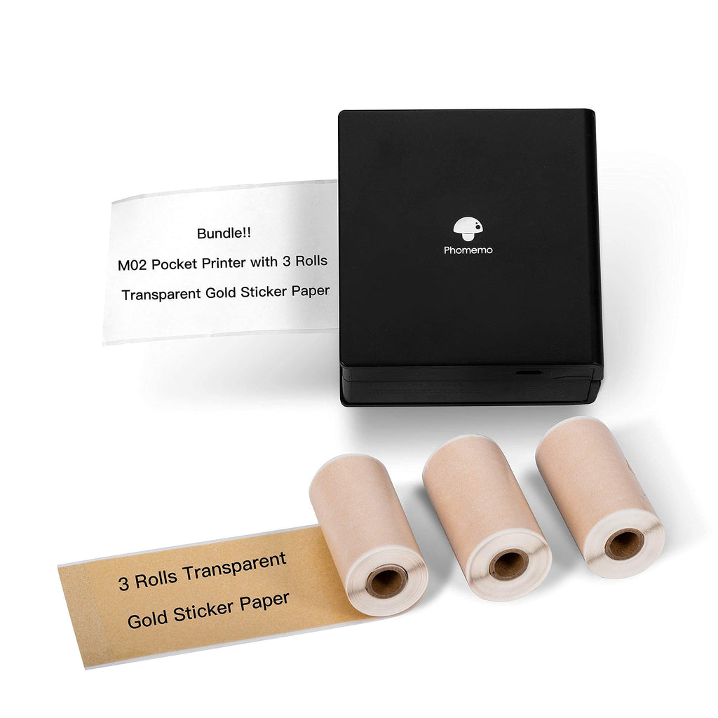 [Australia - AusPower] - Phomemo M02 Pocket Printer - with 3 Rolls Transparent Gold Paper, Compatible with iOS + Android for Plan Journal, Study Notes, Art Creation, Work, Gift, Black 