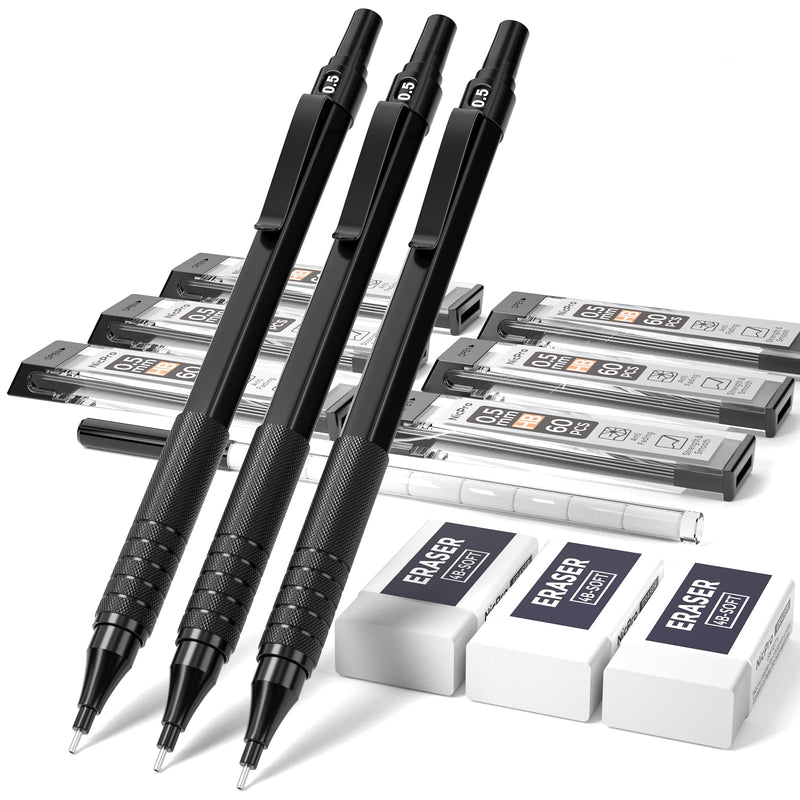 [Australia - AusPower] - Nicpro 0.5 mm Mechanical Pencils Set with Case, 3 Metal Artist Pencil With 6 Tubes HB Lead Refills, 3 Erasers, Eraser Refills For Architect Art Writing Drafting, Drawing, Engineering, Sketching, Black 