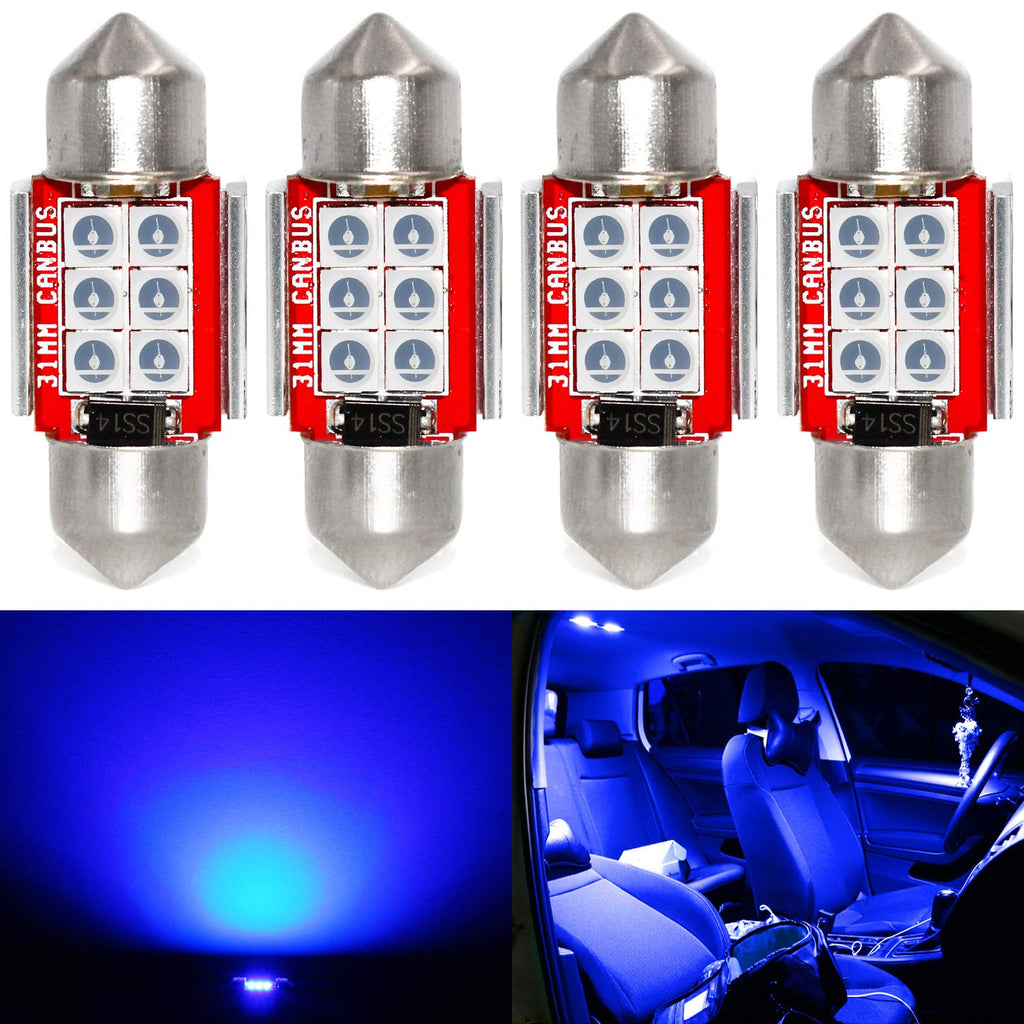 [Australia - AusPower] - Phinlion Super Bright DE3175 LED Blue Bulb 3030 6-SMD Festoon 1.25" 31mm DE3021 DE3022 LED Bulbs for Car Interior Map Reading Dome Trunk Courtesy Light, Pack of 4 