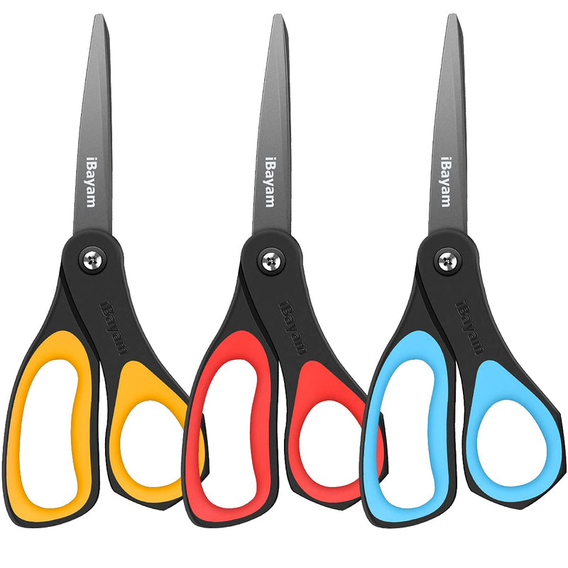 [Australia - AusPower] - Scissors, iBayam 3 Pack 8" All-Purpose Titanium Non-Stick Scissor, Comfort Grip Sharp Nonstick Scissors for Office School Home General Use Art Craft Classroom DIY Supplies Cutting Tape Adhesive Vinyl Blue, Red, Yellow 