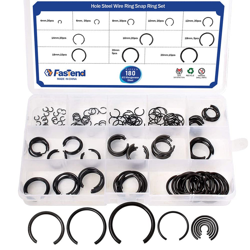 [Australia - AusPower] - GB895.1 65Mn ?4-?20 Hole Steel Wire Ring Snap Ring Set,Bearing Stop Ring Assortment Kit,Mix Round Wire Snap Rings for Holes,180Pcs 