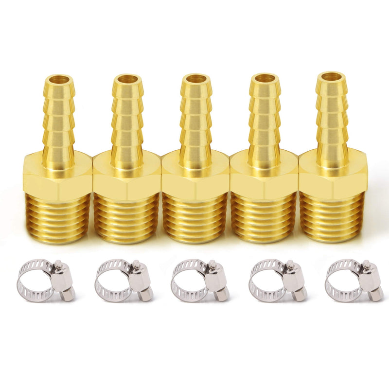 [Australia - AusPower] - Metaland Brass 3/8" Barb x 1/2" NPT Male Pneumatic Air Hose Fittings with Hose Clamps (Pack of 5) 3/8" Barb x 1/2"NPT 