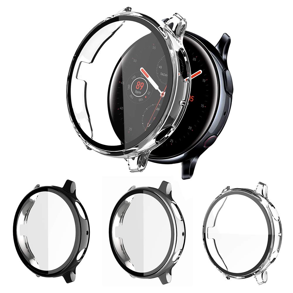 [Australia - AusPower] - 3 Pack Hard Case Compatible with Samsung Galaxy Watch Active 2 Screen Protector 44mm Bulit in Tempered Glass, NAHAI Hard PC Case Overall Protective Coverage Anti-Scratch HD Ultra-Thin Cover Clear/Black/Silver 