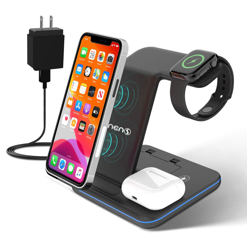 [Australia - AusPower] - Innens 15W Wireless Charging Station for Apple, 3-in-1 Fast Wireless Charger with Adapter for iPhone 12/11 Pro Max/Xs Max/XS/XR, Apple Watch 6/5/4/3/2/1, Airpods 1 2 3 Pro Black 
