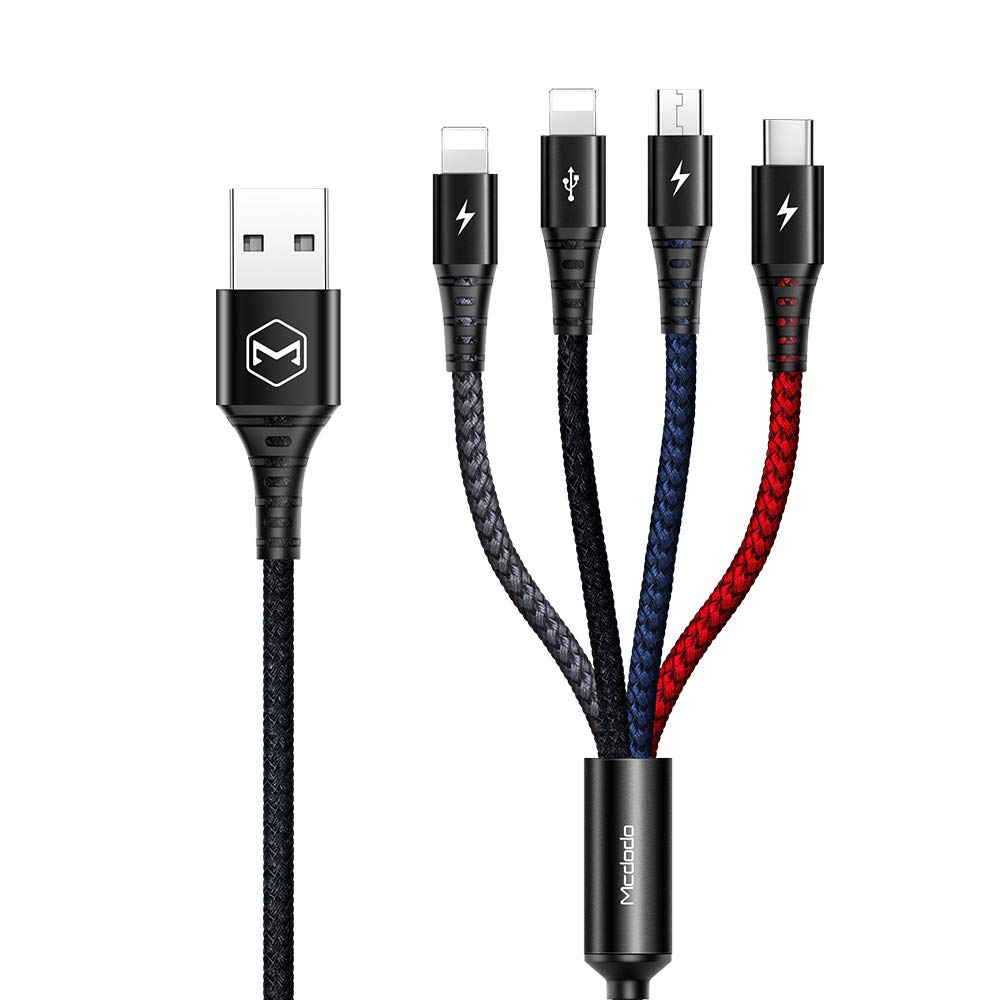 [Australia - AusPower] - Mcdodo 4 in 1 LED Multi Charger Cable Nylon Braided Universal Multiple USB Charging Cord Adapter iOS/Type-C/Micro Compatible with Cell Phones Tablets and More(Charging Only) (4FT/1.2M, 4 in 1) 4FT/1.2M 