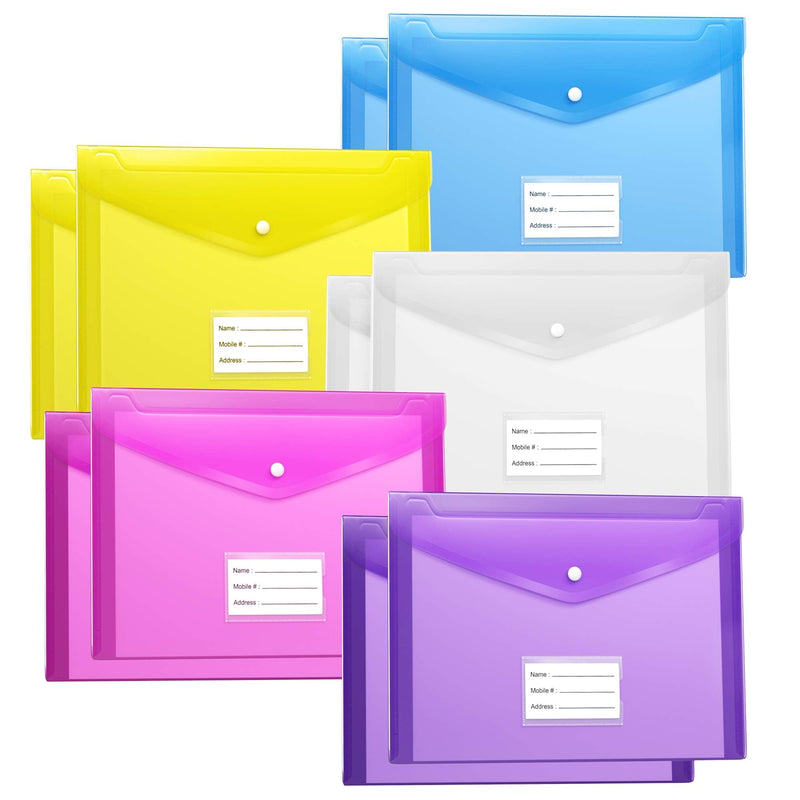 [Australia - AusPower] - 10 Pack Plastic Envelopes with Snap Closure Fabnuts Clear Document Plastic File Folders Letter Size , Poly Envelopes with Label Pocket for Homework/Office , Assorted Colors 10 