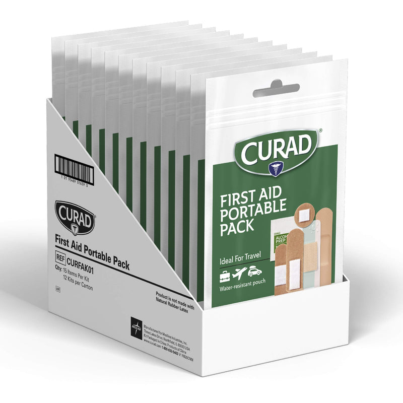 [Australia - AusPower] - Curad First Aid Portable Pack, Ideal for Travel, Carry-on, Backpacks, Water Resistant Pouch, Variety Size Bandages, Alcohol Swabs, 12 Packs 
