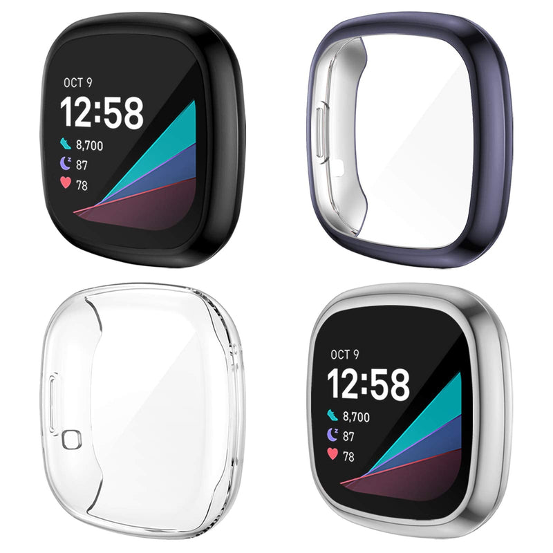 [Australia - AusPower] - NANW 4-Pack Screen Protector Case Compatible with Fitbit Sense/Versa 3, TPU Rugged Bumper Case Cover All-Around Protective Plated Bumper Shell Accessories for Sense Smartwatch Black/Charcoal/Silver/Clear 