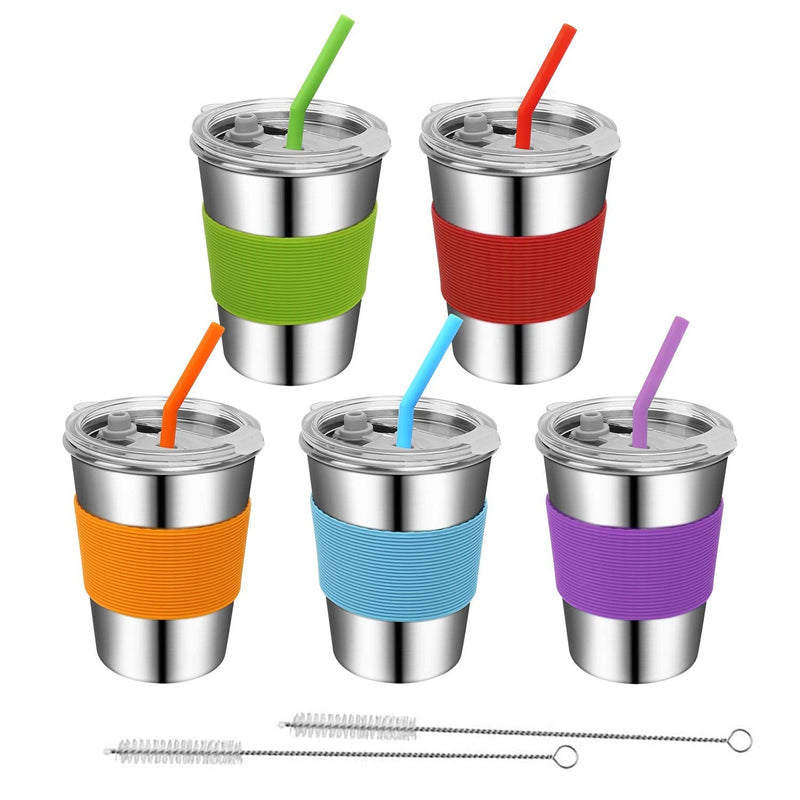 [Australia - AusPower] - Rommeka Toddler Cups with Straws, 18/8 Stainless Steel Children Smoothie Drinking Sippy Cups, Stacking & Reusable Kids Cups with Straws and Lids, 5 Pack, 12oz Plastic Lids/5 Color 