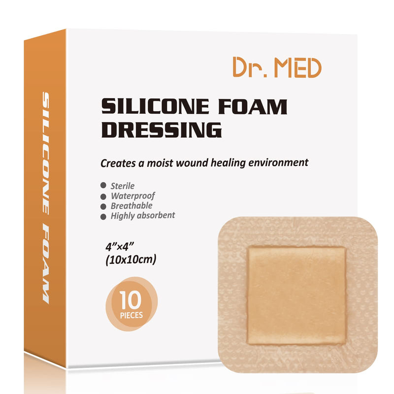 [Australia - AusPower] - Dr. Med Silicone Foam Dressing 4"x4", Waterproof Border Adhesive Wound Care Pad, Central Super-Absorbent Foam Bandage for Pressure Sore, Diabetic Ulcer, Leg Ulcer and Burns(10 PCS/Box) 4" x 4" (Pack of 10) 