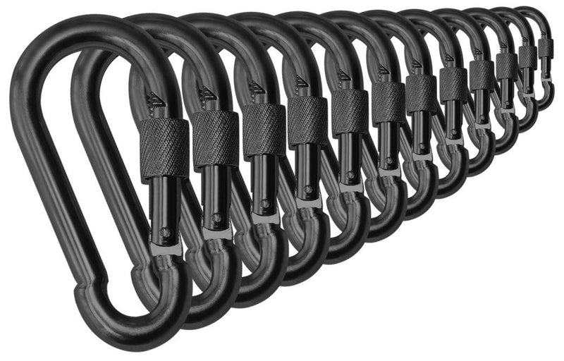 [Australia - AusPower] - Branded Boards Black & Silver Heavy Duty Bushcraft Locking Thumb Screw Closure Zinc-Galvanized Steel Carabiner Spring Snap Clip Link Hooks 200-400lb Load. 6 & 12 Packs 