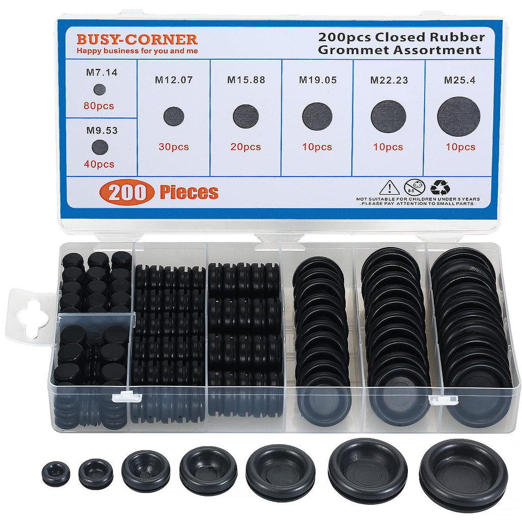 [Australia - AusPower] - BUSY-CORNER Rubber Grommet Assortment Firewall Solid Closed Hole Plug for Wire Electrical Appliance Plumbing 7 Sizes 200 Pieces 