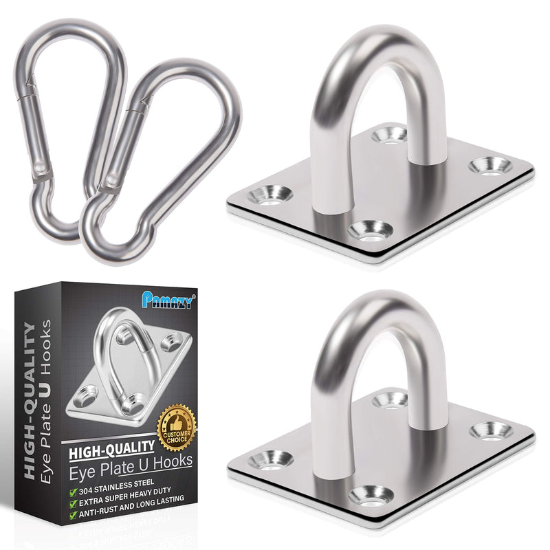 [Australia - AusPower] - 2PCS M8 Premium Heavy Duty Square Stainless Steel Pad Eye Hooks + 2PCS Snap Hooks and 8PCS Screws with 8PCS Plastic Expansion Tube, Ceiling Hooks Heavy Duty for Outdoor Indoor Activity 
