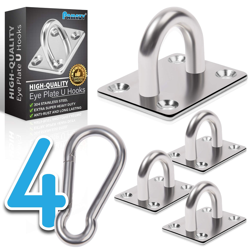 [Australia - AusPower] - 4 PCS M6 Premium Heavy Duty Square Stainless Steel Pad Eye Hooks + 4PCS Snap Hooks and 16 PCS Screws with 16 PCS Plastic Expansion Tube, Ceiling Hooks Heavy Duty for Outdoor Indoor Activity 