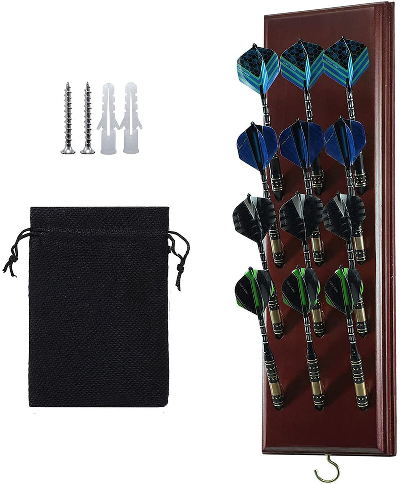 [Australia - AusPower] - Darts Caddy Wall Mounted Darts Holder/Stand/with Metal Hook, Accessory Storage Bag, Displays 12 Set of Steel/Soft Tip Darts Cherry Finished 