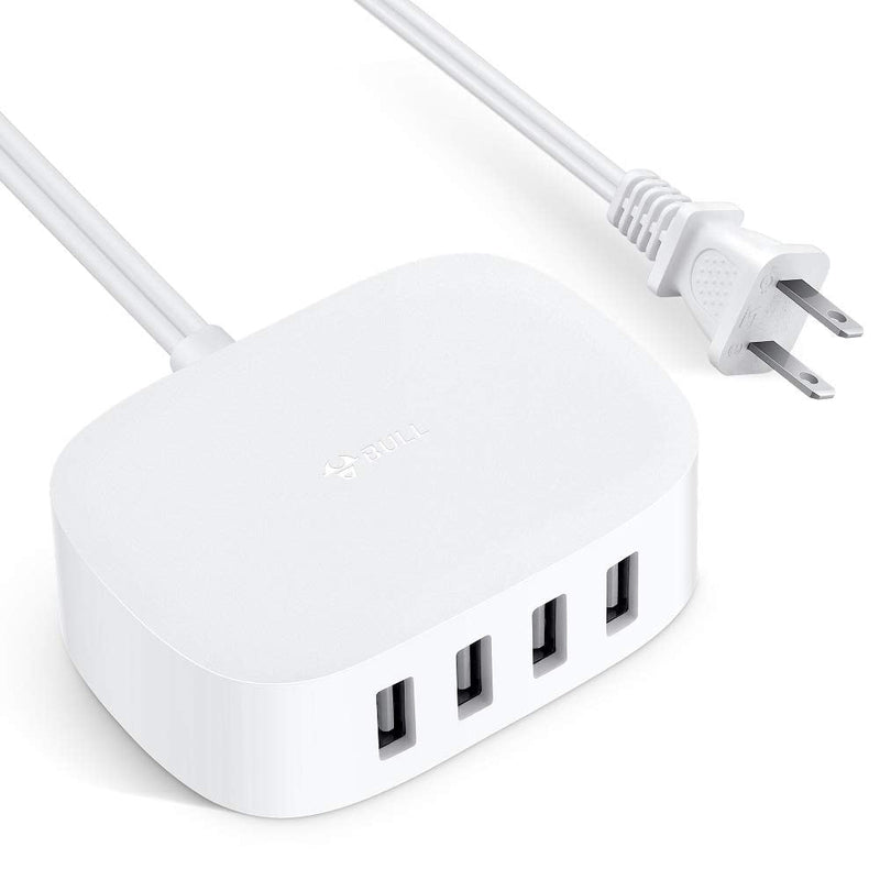 [Australia - AusPower] - USB Charger Station, BULL USB Charging Station with 4 Port, Desktop USB Charging Station for Multiple Devices with Auto-Detecting USB Ports (UL Listed, 6Ft Extension Cord, White) 