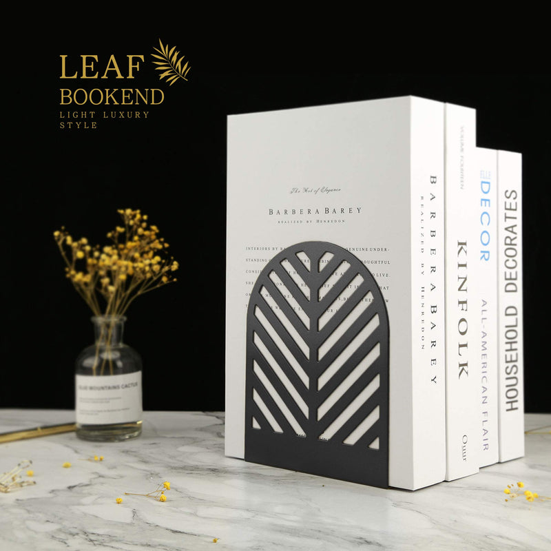 [Australia - AusPower] - QiMing Leaf Bookends for Heavy Books,1 Pair Metal Book Holders for Office Shelves Adults & Kids Gift(Black) Black 