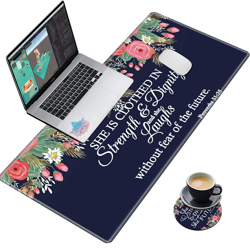 [Australia - AusPower] - Desk Pad Navy Blue Flower Bible Proverbs 31:25 Mouse pad with Cute Coasters and Pink Mandala Stickers Non-Slip Rubber Large Gaming Mouse Mat, Multifunctional Office Desk Mat 