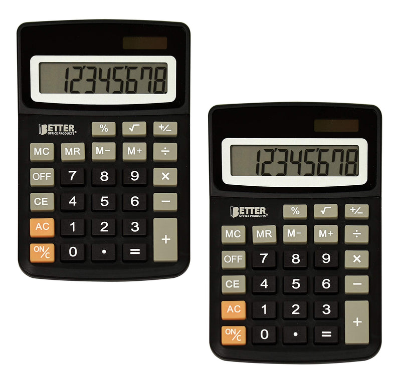 [Australia - AusPower] - Desktop Calculators, Handheld Angled 8-Digit LCD Display, 2 Pack, by Better Office Products, Standard Function, Black, Dual Power with Included Button Battery, 2 Pack 