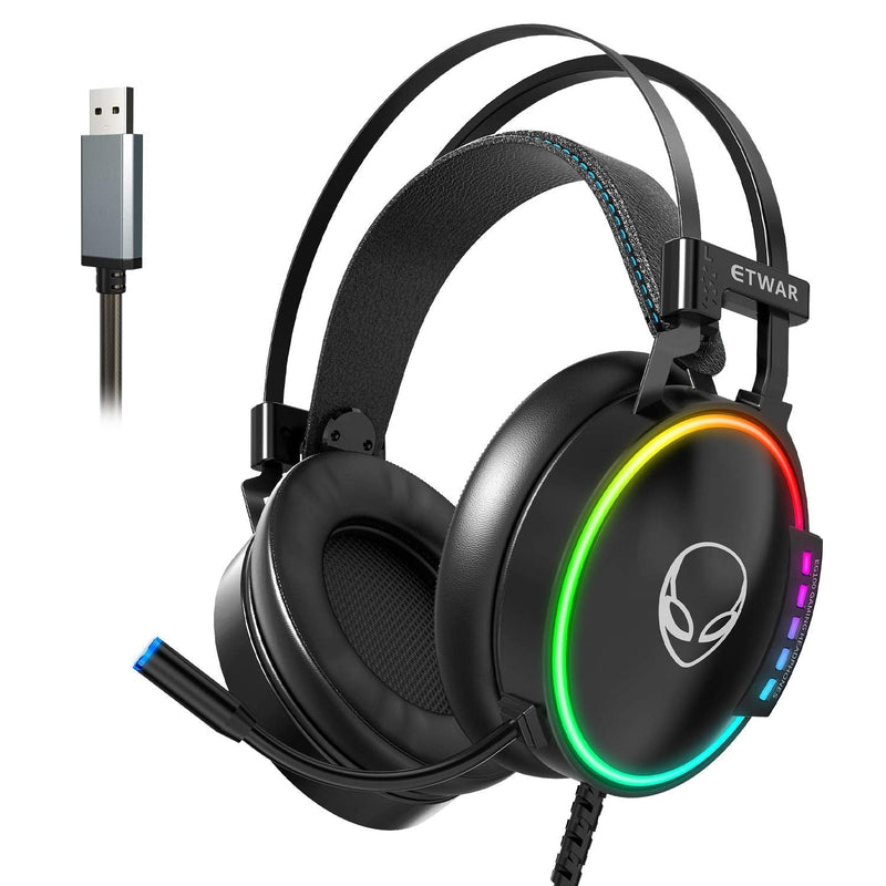 [Australia - AusPower] - ETWAR USB Gaming Headset for PC - 7.1 Surround Sound Headphones with Noise Cancelling Microphone- RGB Lights Headphones for Laptops with Microphone 