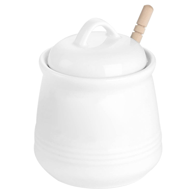 [Australia - AusPower] - HAOTOP Ceramic Honey pot with Lid and Honey Stick,Porcelain Honey Jar Easy to Clean and Dishwasher Safe,12oz (White) White 