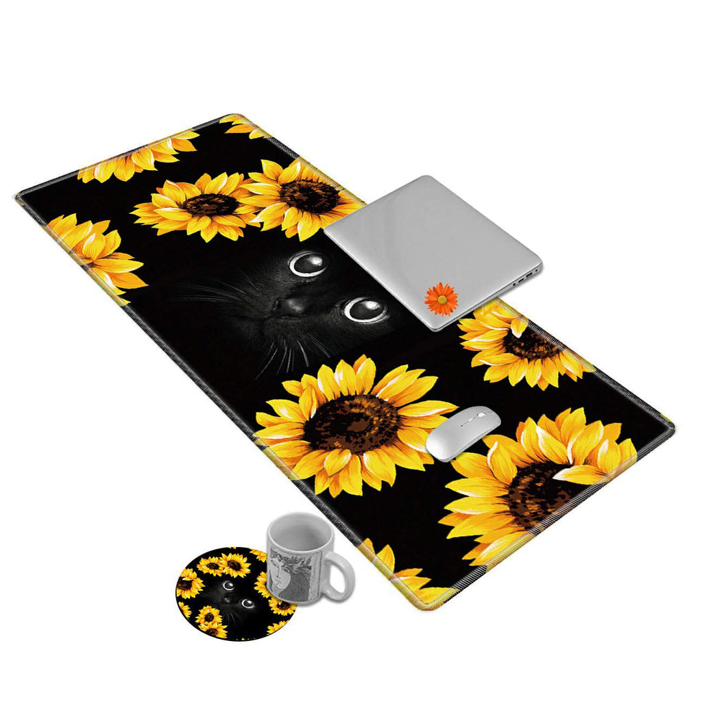 [Australia - AusPower] - Desk Mat Gaming Mouse pad for Laptop,Black Cat and Sunflower Customized Design Printed Desk pad, Home Office Accessories, with Sunflower Coasters and Cute Stickers 